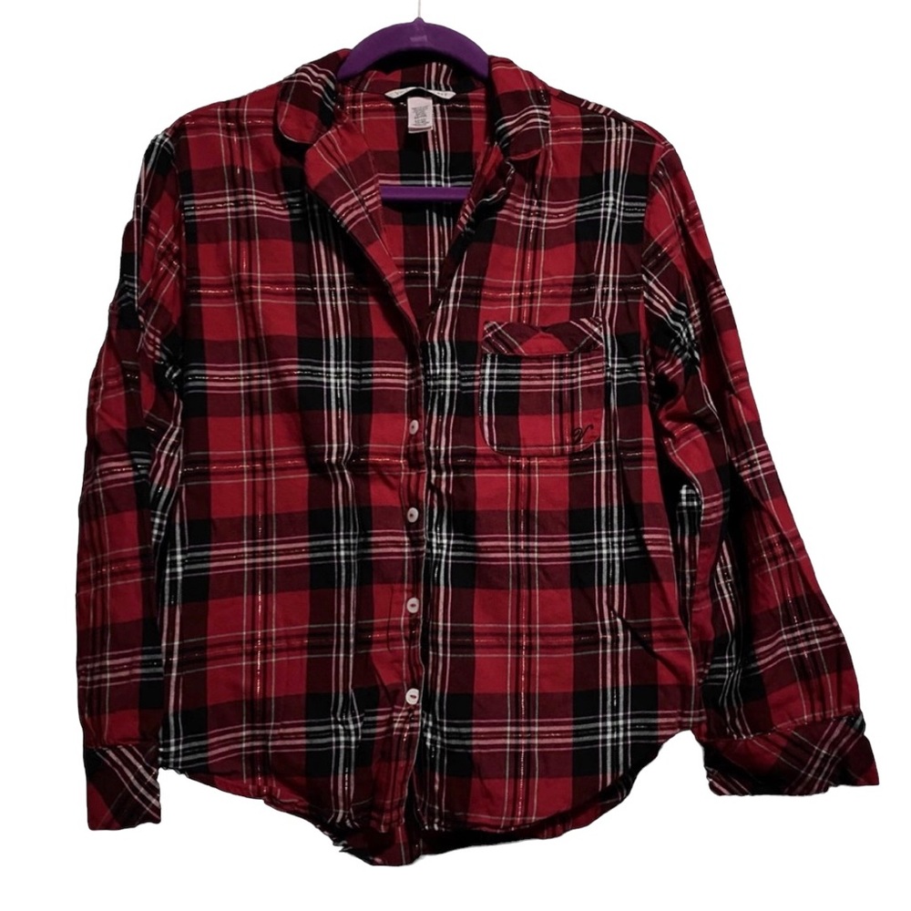 Victoria’s Secret Sleepwear Red Plaid PJ Top Long Sleeve Button Up Size Small